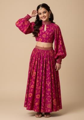 Girls Hot Pink Printed Satin Crop Top Skirt Set
