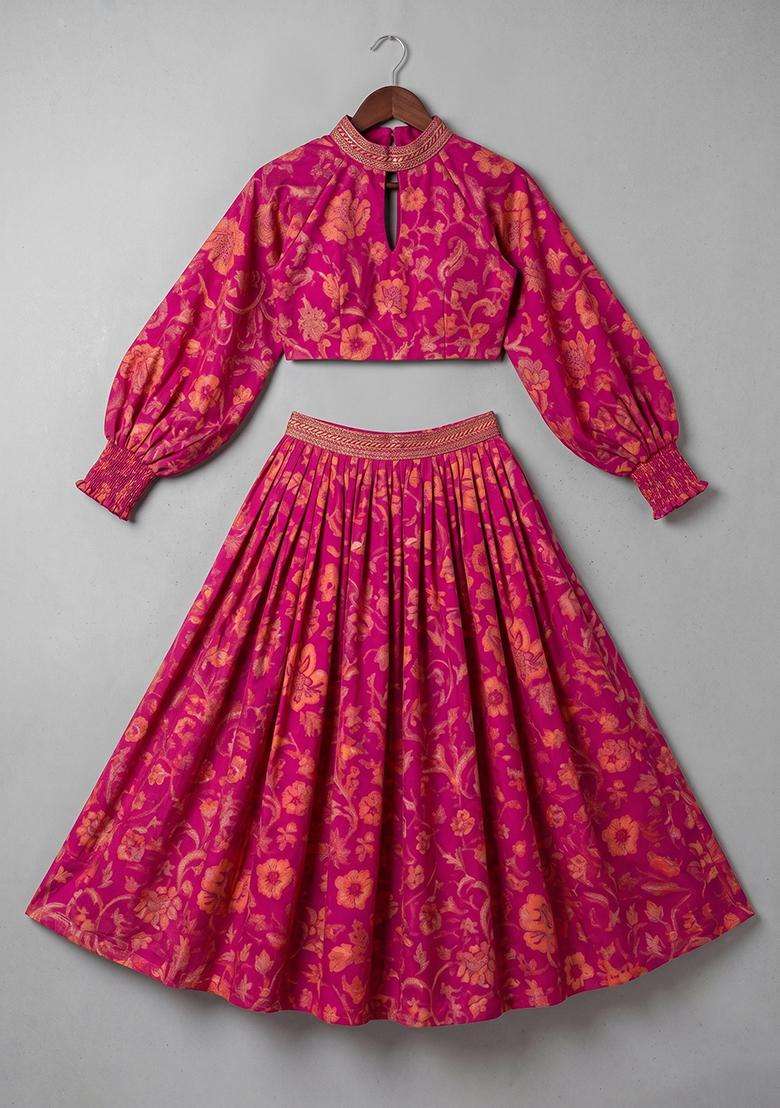 Girls Hot Pink Printed Satin Crop Top Skirt Set - Indya