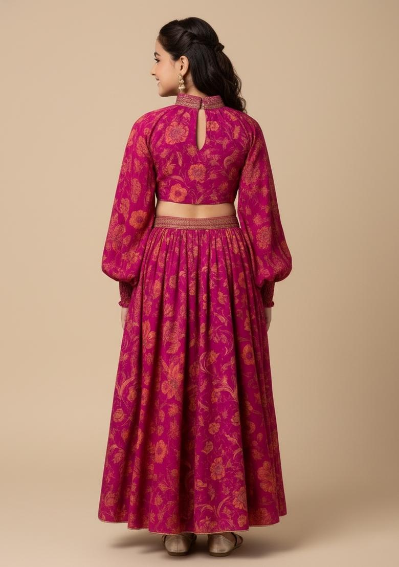 Girls Hot Pink Printed Satin Crop Top Skirt Set - Indya