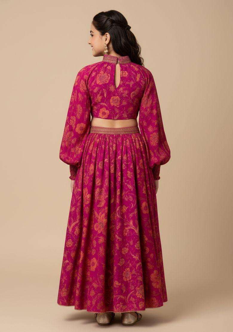 Girls Hot Pink Printed Satin Crop Top Skirt Set - Indya