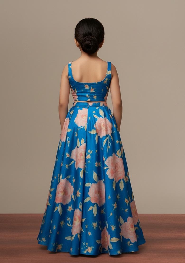 Girls Blue Floral Print Chiffon Kurta Set - Indya
