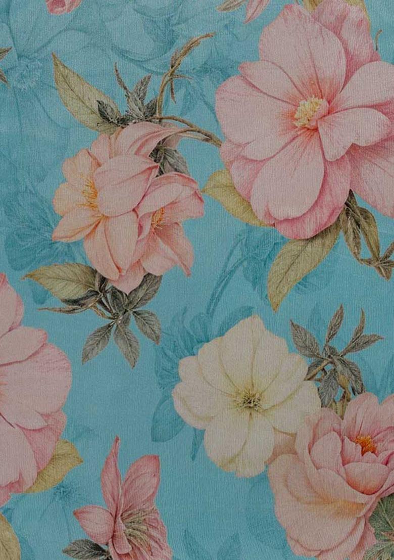 Girls Blue Floral Print Chiffon Kurta Set - Indya