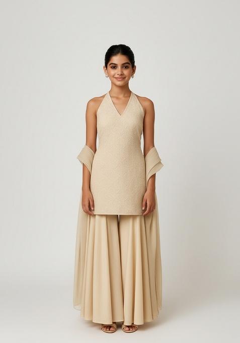 Girls White Embroidered Net Sharara Set