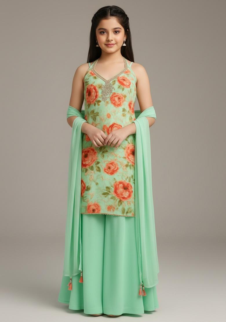 Girls Green Floral Print Georgette Sharara Set