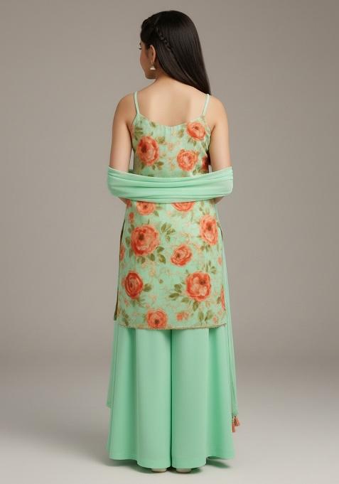 Girls Green Floral Print Georgette Sharara Set