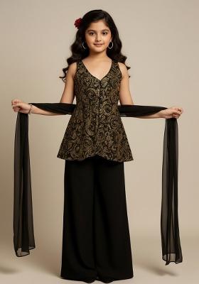 Girls Black Sequin Net Kurta Set