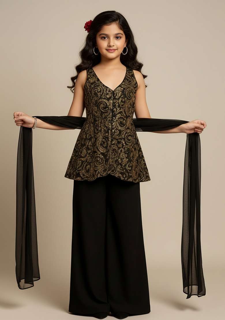 Girls Black Sequin Net Kurta Set - Indya