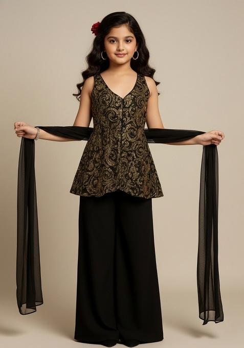 Girls Black Sequin Net Kurta Set