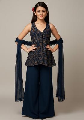 Girls Blue Sequin Net Kurta Set