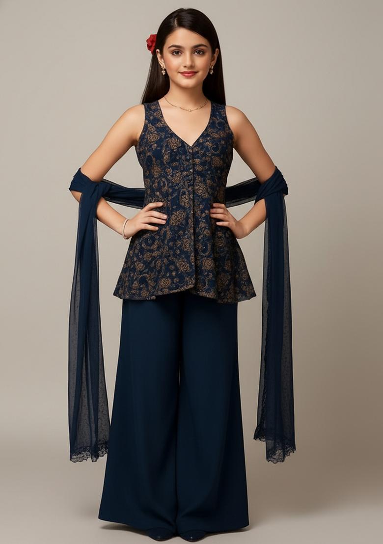 Girls Blue Sequin Net Kurta Set