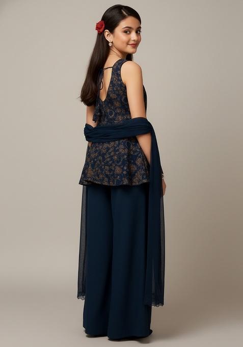 Girls Blue Sequin Net Kurta Set