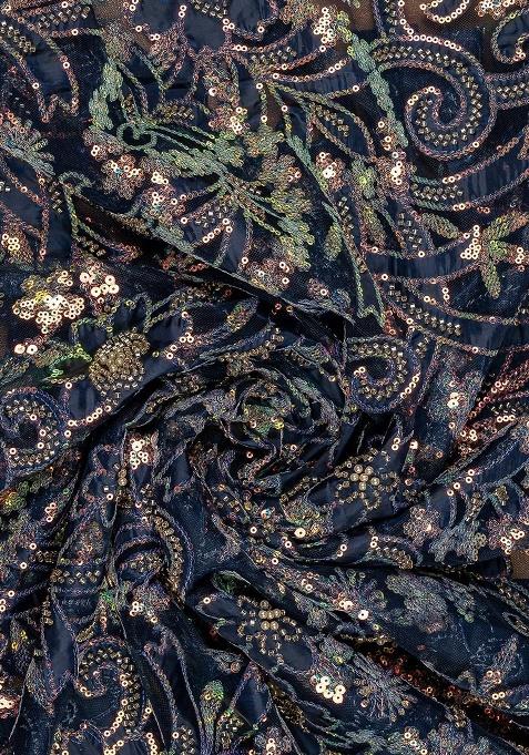 Girls Blue Sequin Net Kurta Set