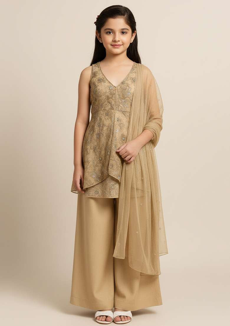 Girls Beige Embellished Net Kurta Set - Indya