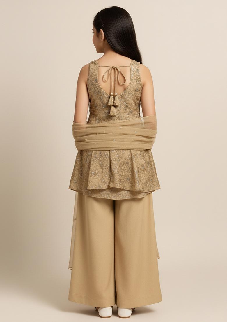 Girls Beige Embellished Net Kurta Set - Indya