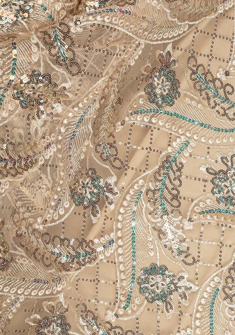 Girls Beige Embellished Net Kurta Set - Indya