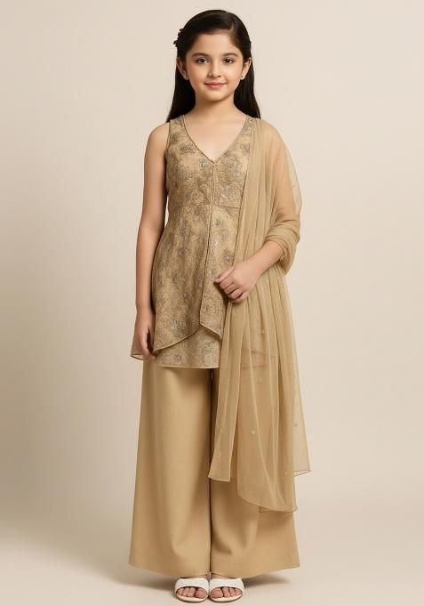 Girls Beige Embellished Net Kurta Set