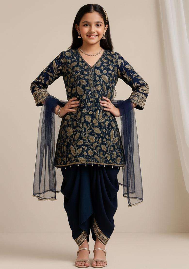 Girls Blue Embroidered Georgette Kurta Set - Indya