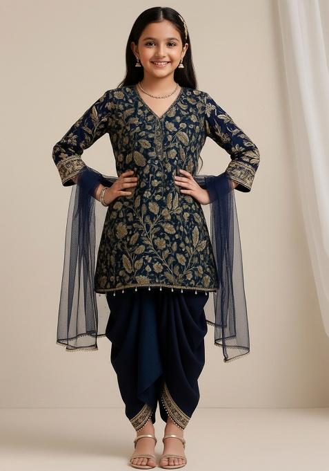 Girls Blue Embroidered Georgette Kurta Set