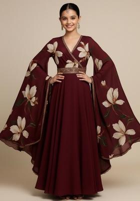 Girls Brown Floral Print Georgette Anarkali Set