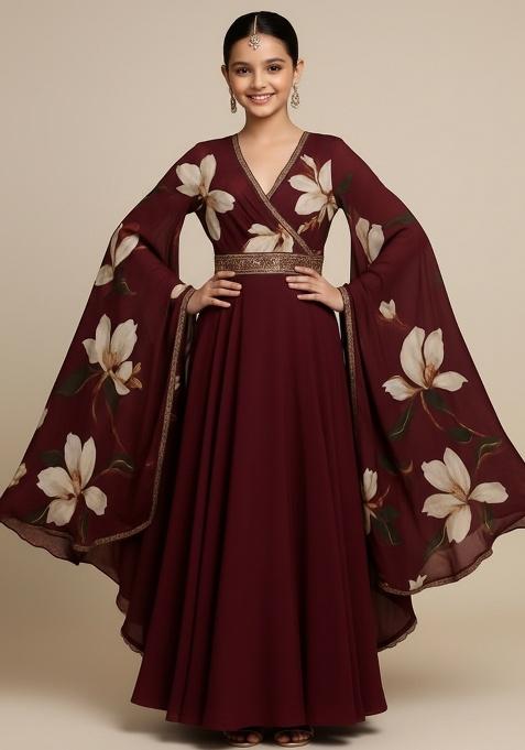 Girls Brown Floral Print Georgette Anarkali Set