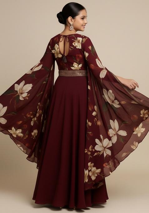 Girls Brown Floral Print Georgette Anarkali Set