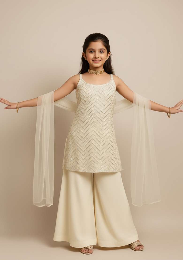 Girls Beige Embroidered Georgette Sharara Set - Indya