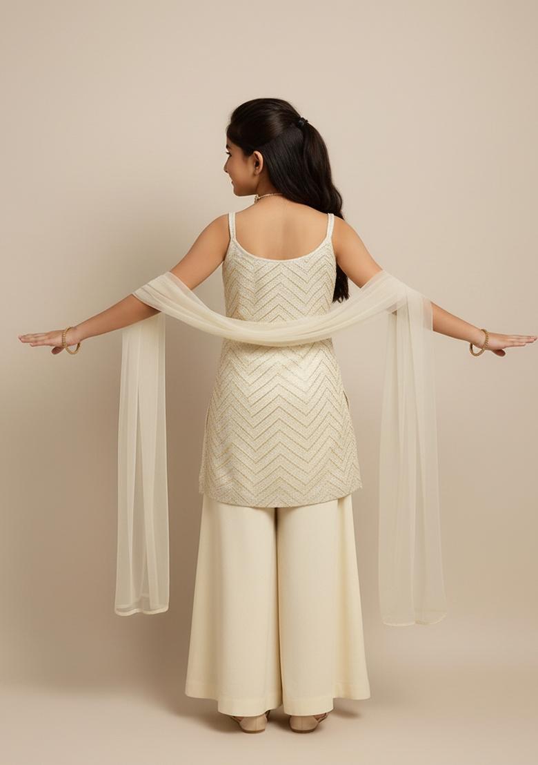 Girls Beige Embroidered Georgette Sharara Set - Indya