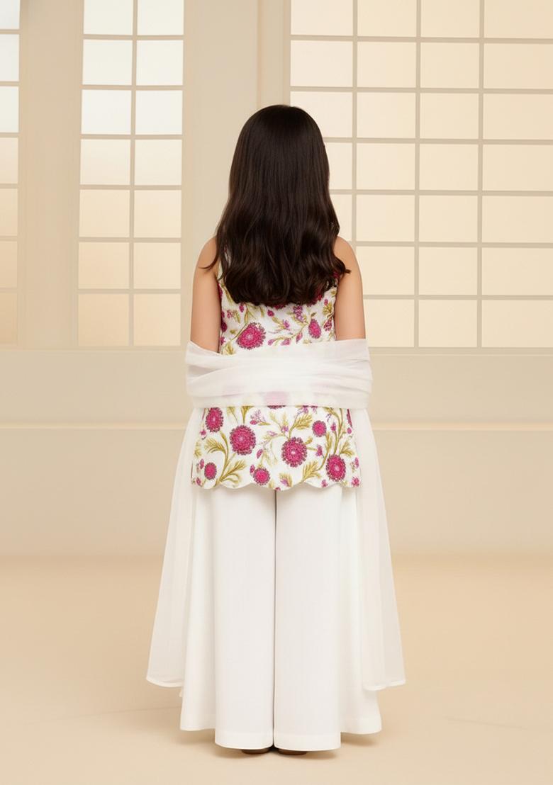 Girls White Embroidered Silk Sharara Set - Indya