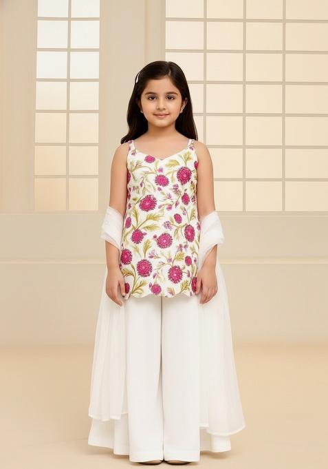 Girls White Embroidered Silk Sharara Set
