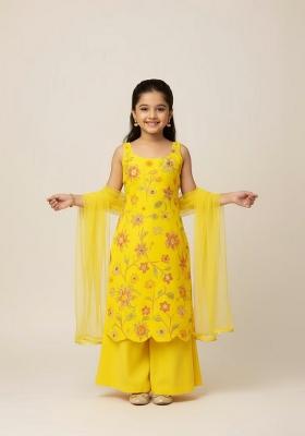 Girls Yellow Embroidered Organza Sharara Set