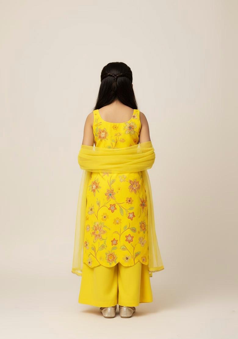 Girls Yellow Embroidered Organza Sharara Set - Indya