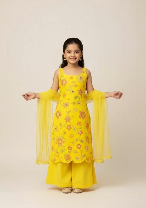 Girls Yellow Embroidered Organza Sharara Set