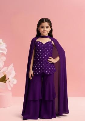 Girls Purple Embellished Silk Sharara Set