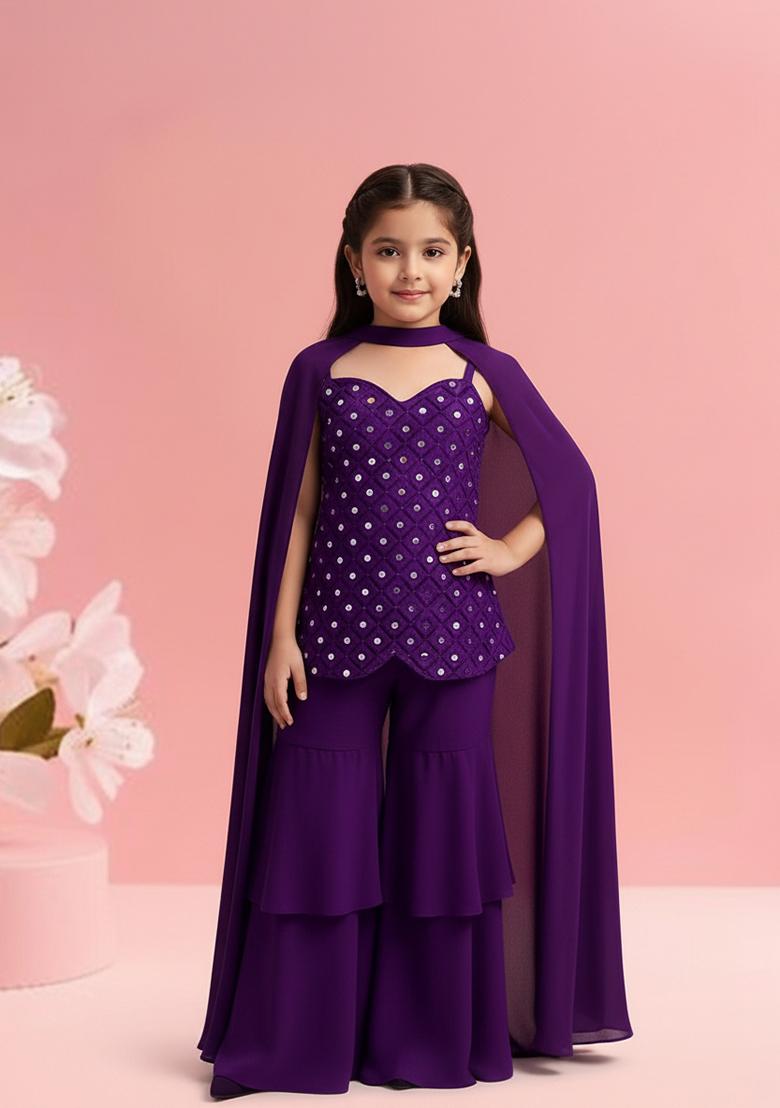 Girls Purple Embellished Silk Sharara Set
