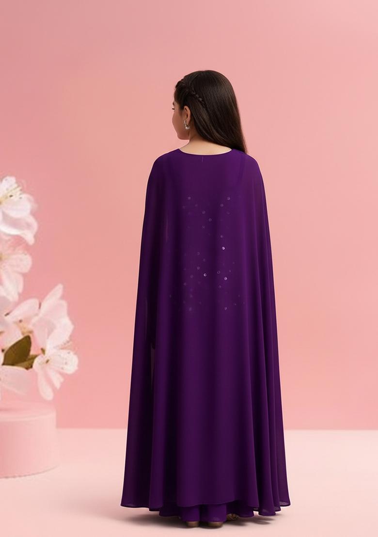 Girls Purple Embellished Silk Sharara Set - Indya