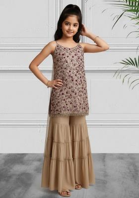 Girls Beige Sequin Net Sharara Set