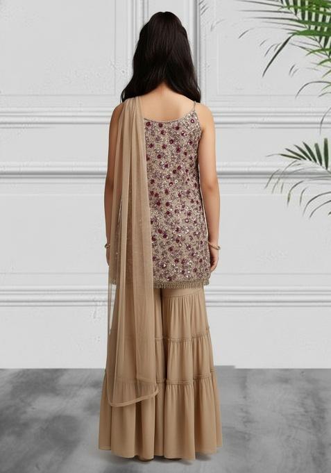 Girls Beige Sequin Net Sharara Set