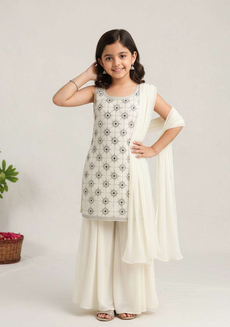 Girls White Embellished Georgette Sharara Set - Indya