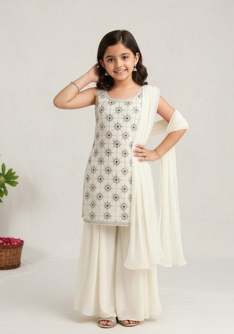 Girls White Embellished Georgette Sharara Set