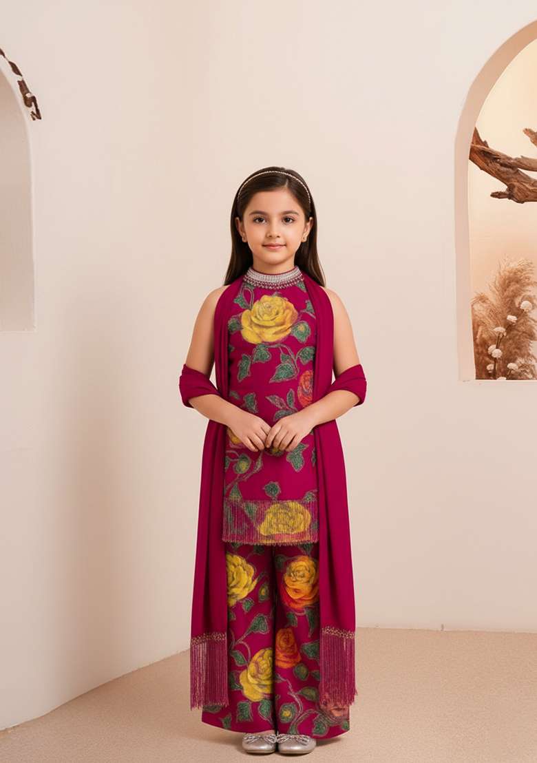 Girls Pink Embroidered Crepe Kurta Set - Indya