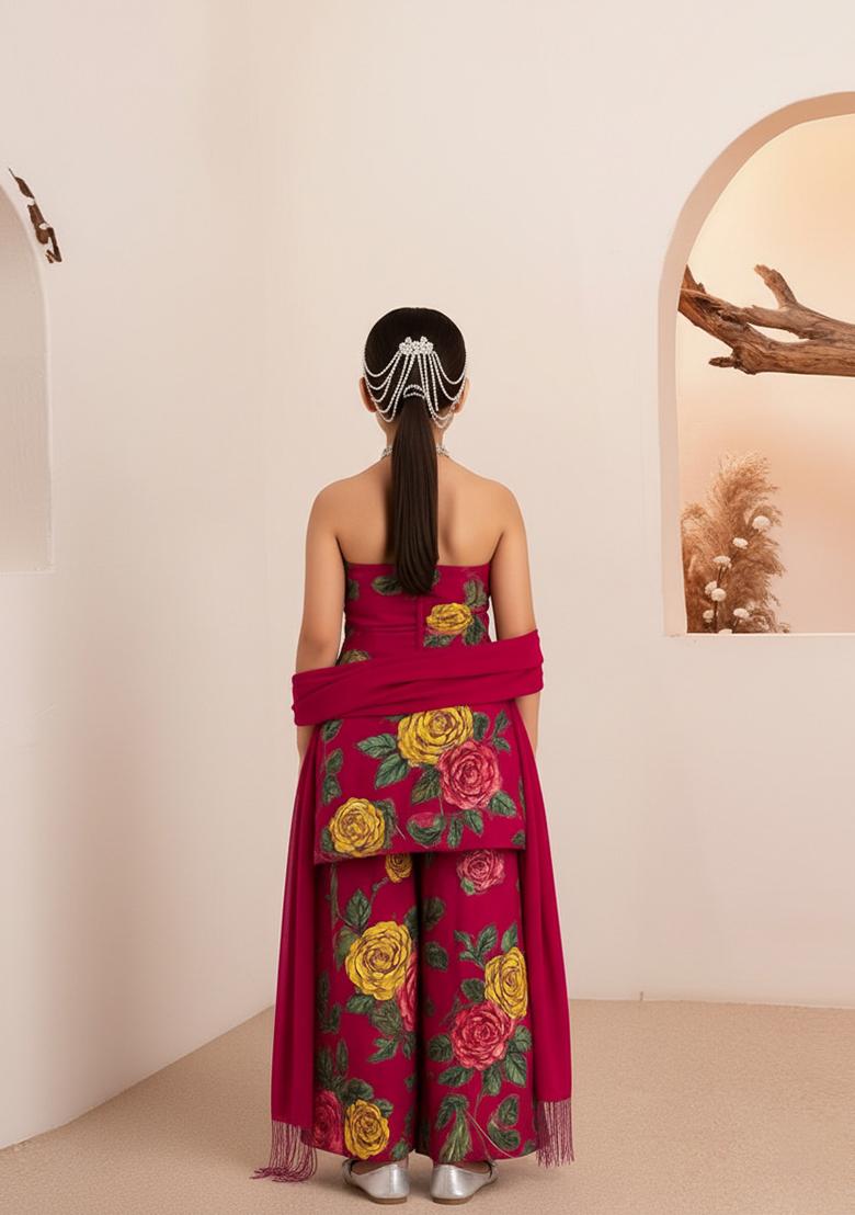 Girls Pink Embroidered Crepe Kurta Set - Indya