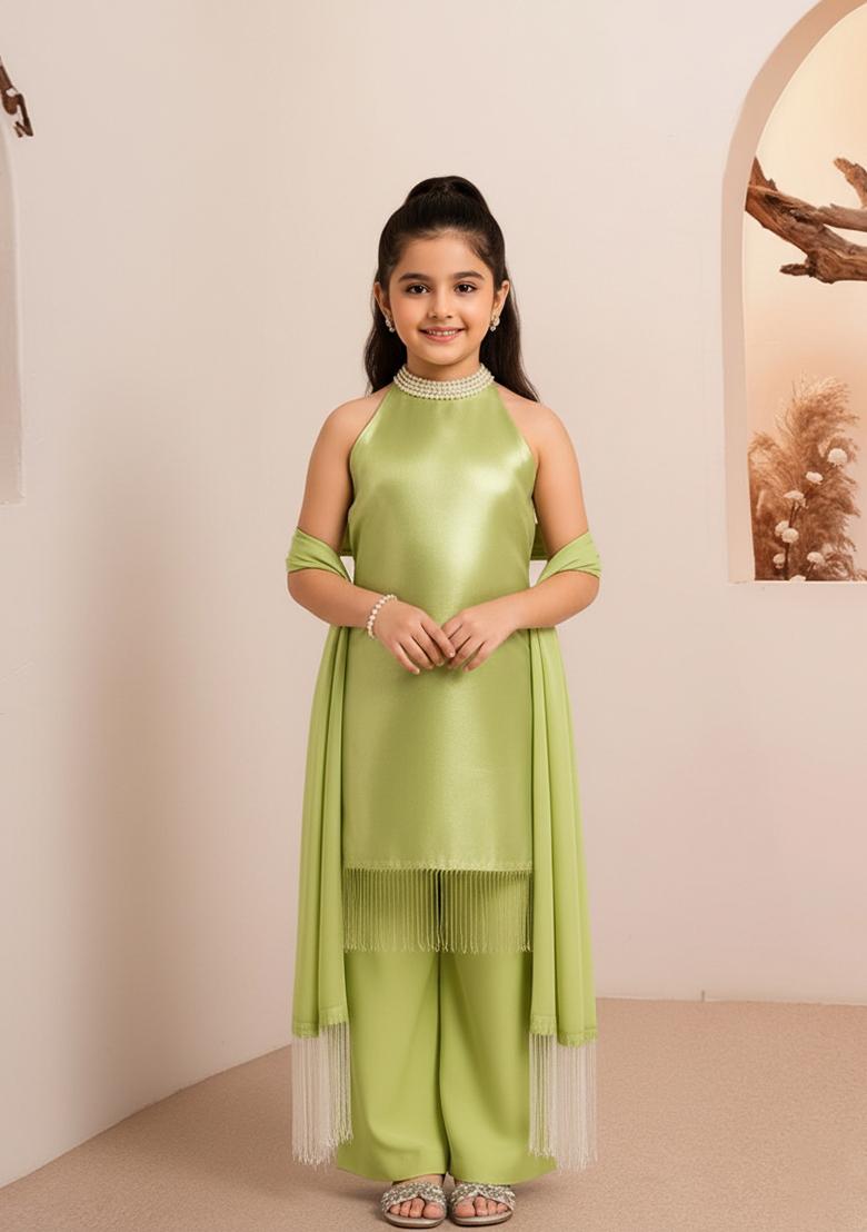 Girls Green Solid Organza Kurta Set