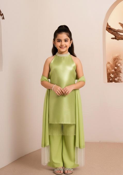 Girls Green Solid Organza Kurta Set