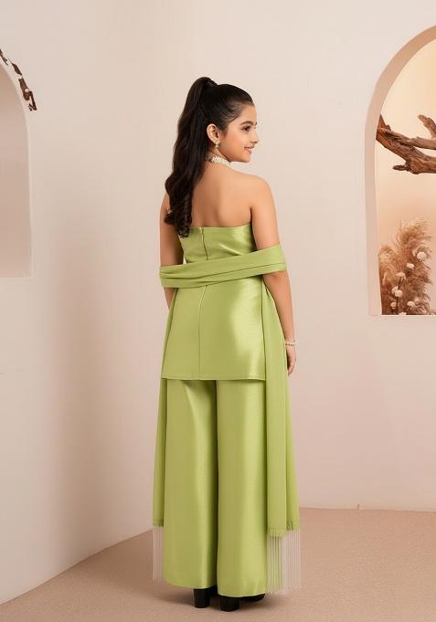 Girls Green Solid Organza Kurta Set