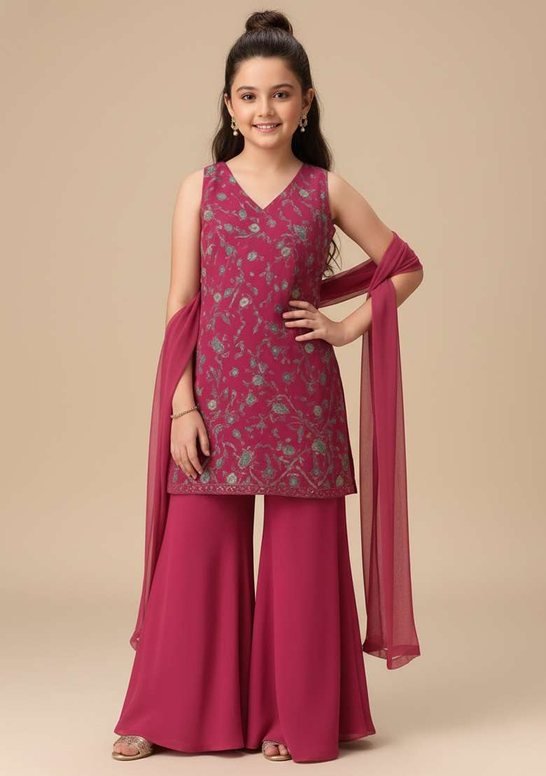 Girls Pink Embroidered Georgette Kurta Set - Indya