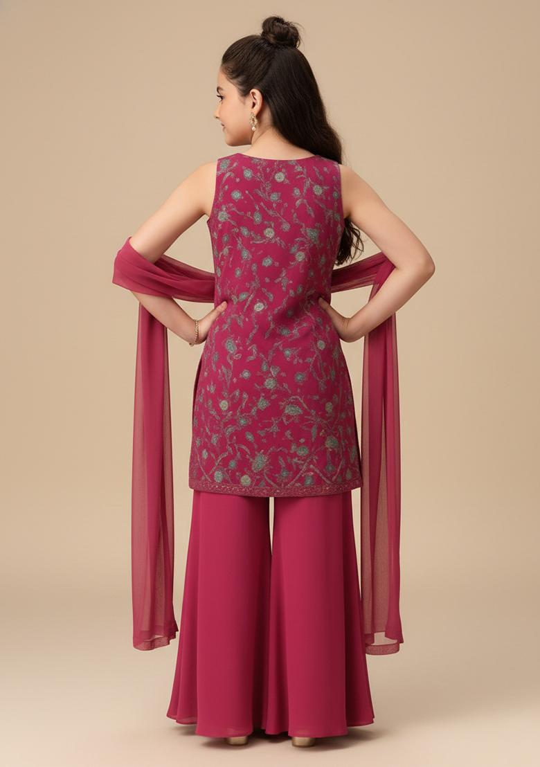 Girls Pink Embroidered Georgette Kurta Set - Indya