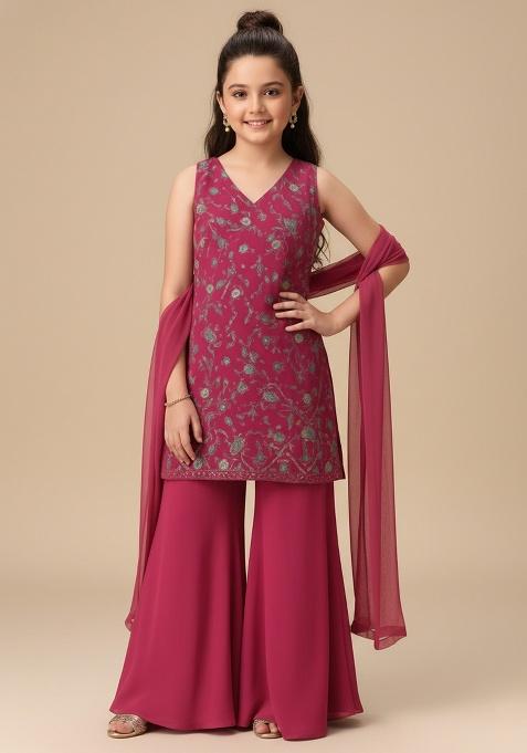 Girls Pink Embroidered Georgette Kurta Set