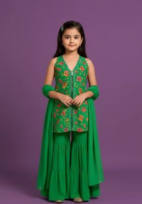 Girls Green Embroidered Crepe Sharara Set