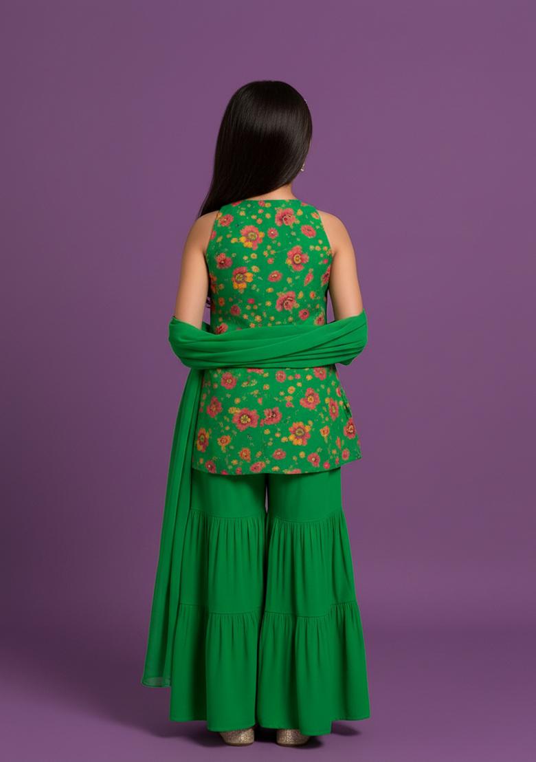 Girls Green Embroidered Crepe Sharara Set - Indya