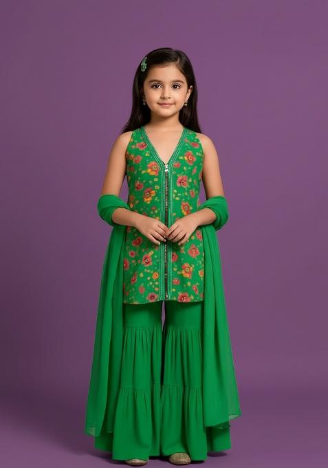 Girls Green Embroidered Crepe Sharara Set
